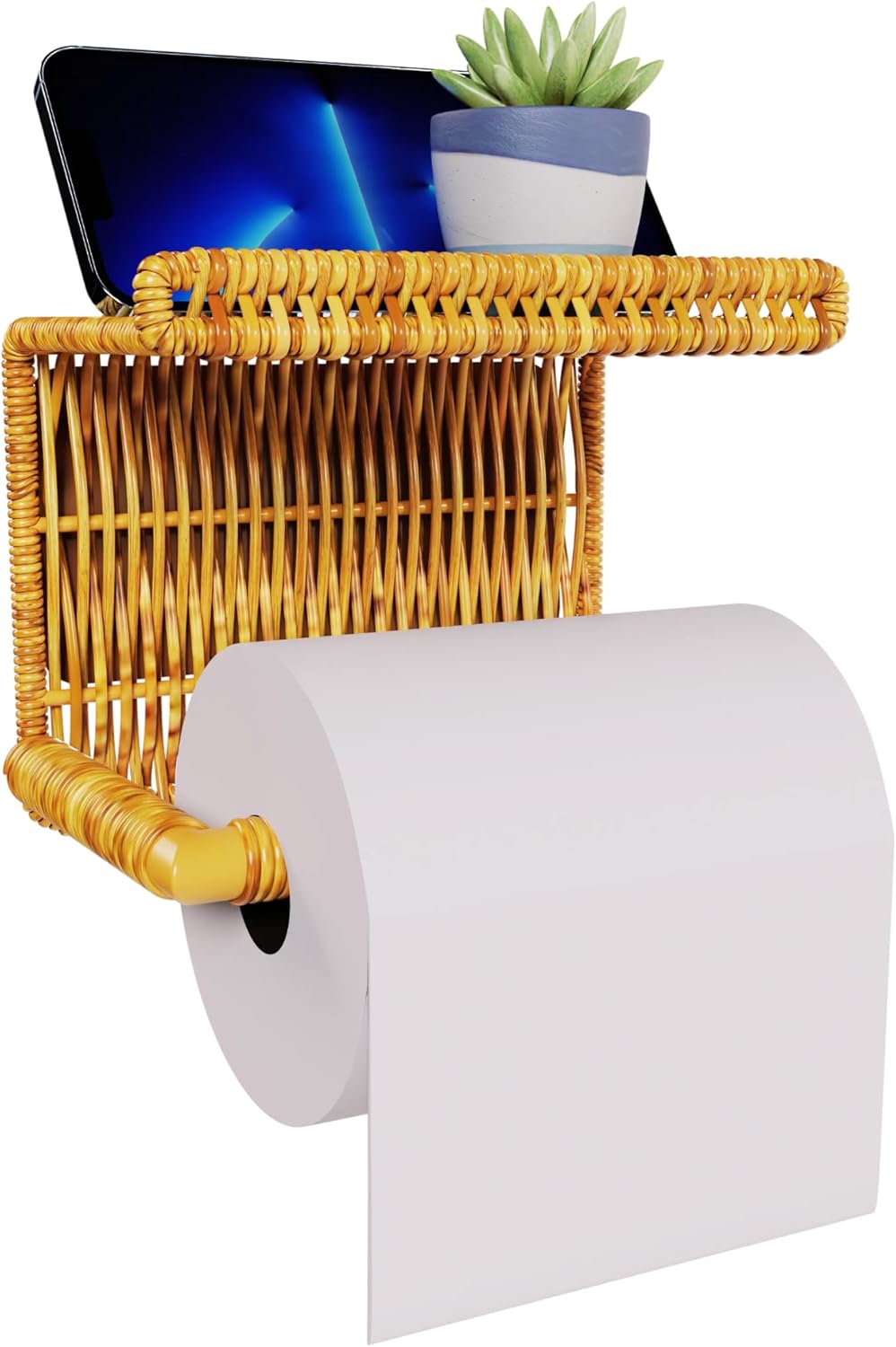 Synthetic Rattan Toilet Paper Holder with Shelf – Fits Mega Rolls, Boho Bathroom Decor Roll Holder for RV, Washroom, Kitchen – Water-Resistant Woven Tissue Dispenser (Natural, Adhesive Mount)