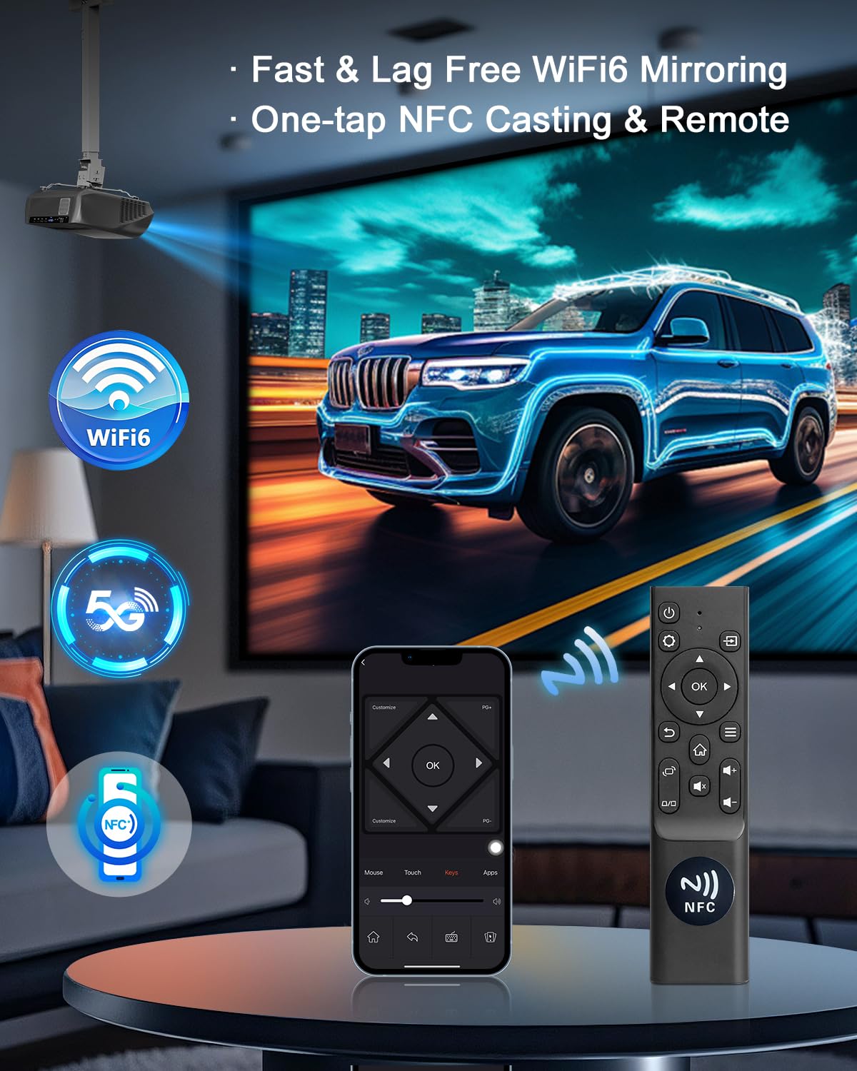 High Bright Projector 1800 ANSI Lumens, HDR10+, 4K Support, WiFi6 & Bluetooth, Smart Android TV with Apps, HDMI/ USB, for Daylight Viewing, Low Input Lag Gaming, Silent Bedroom, Wireless Presentation