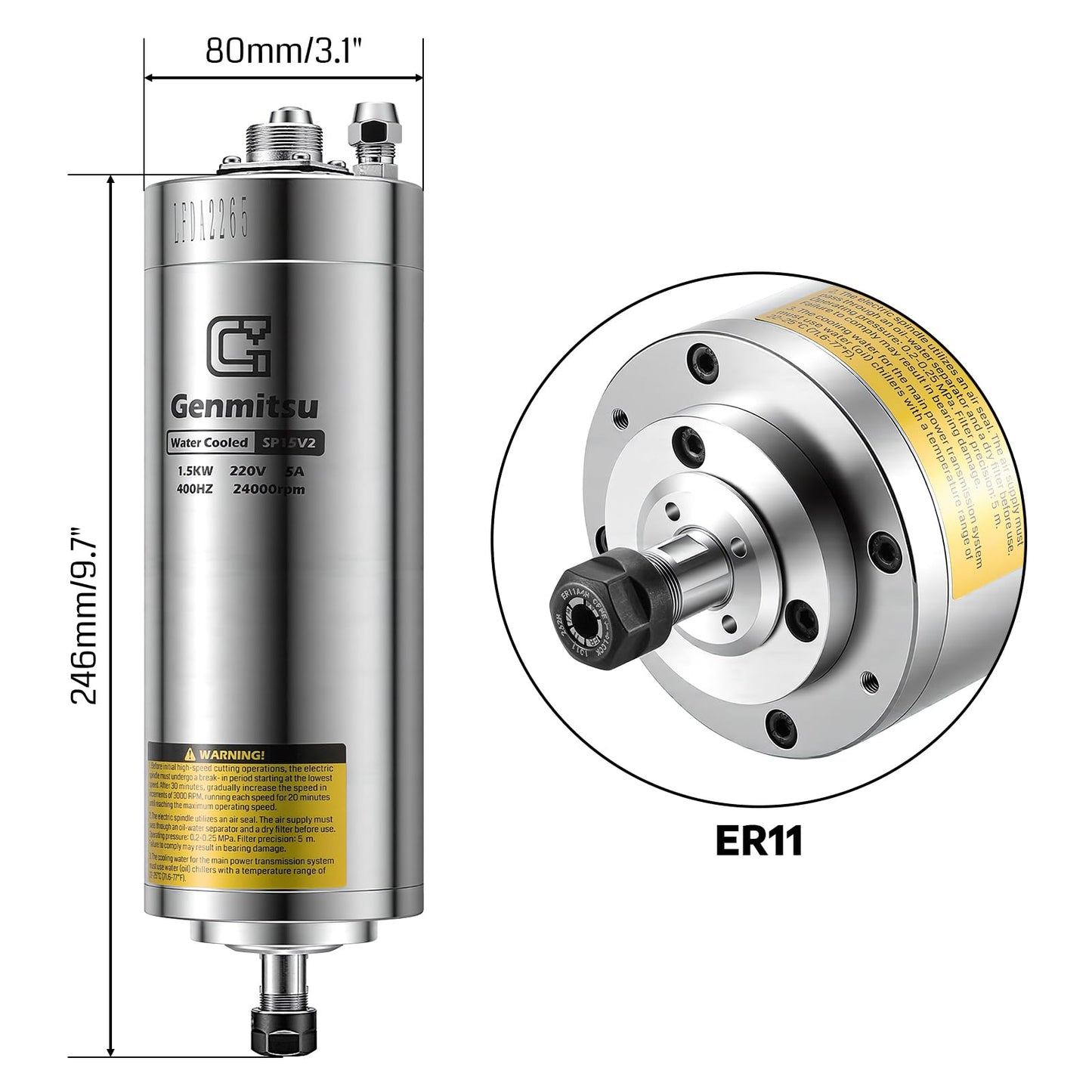 Genmitsu CNC Spindle Motor Kit, 1.5KW, Water Cooled Spindle Motor, 24000 RPM ER11 Collet with Pre-Wired VFD Inverter Box & Pump - 4 Bearing Precision Motor for CNC Router Machine Engraving