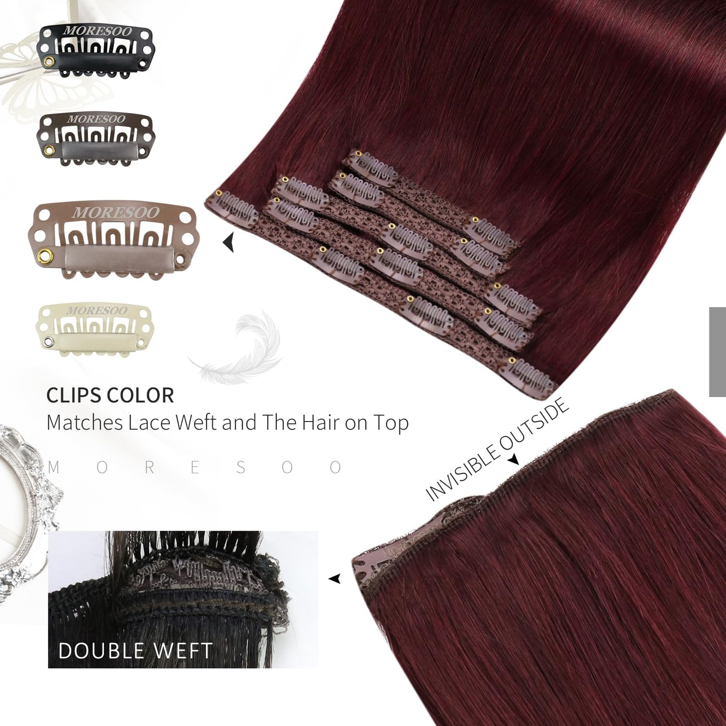 Moresoo Dark Red Clip in Hair Extensions Real Human Hair Red Human Hair Extensions Clip ins Burgundy Short And Straight 80g/5pcs
