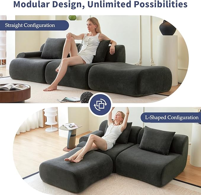 Cloud Couch Sectional,114"-Boneless Couch in a Box,Upholstered Couches for Living Room Bedroom with L-Shape Chaise,Modern Comfy Sofa-Cool Gray Couches,No Assembly Required,Low -Profile Sofa