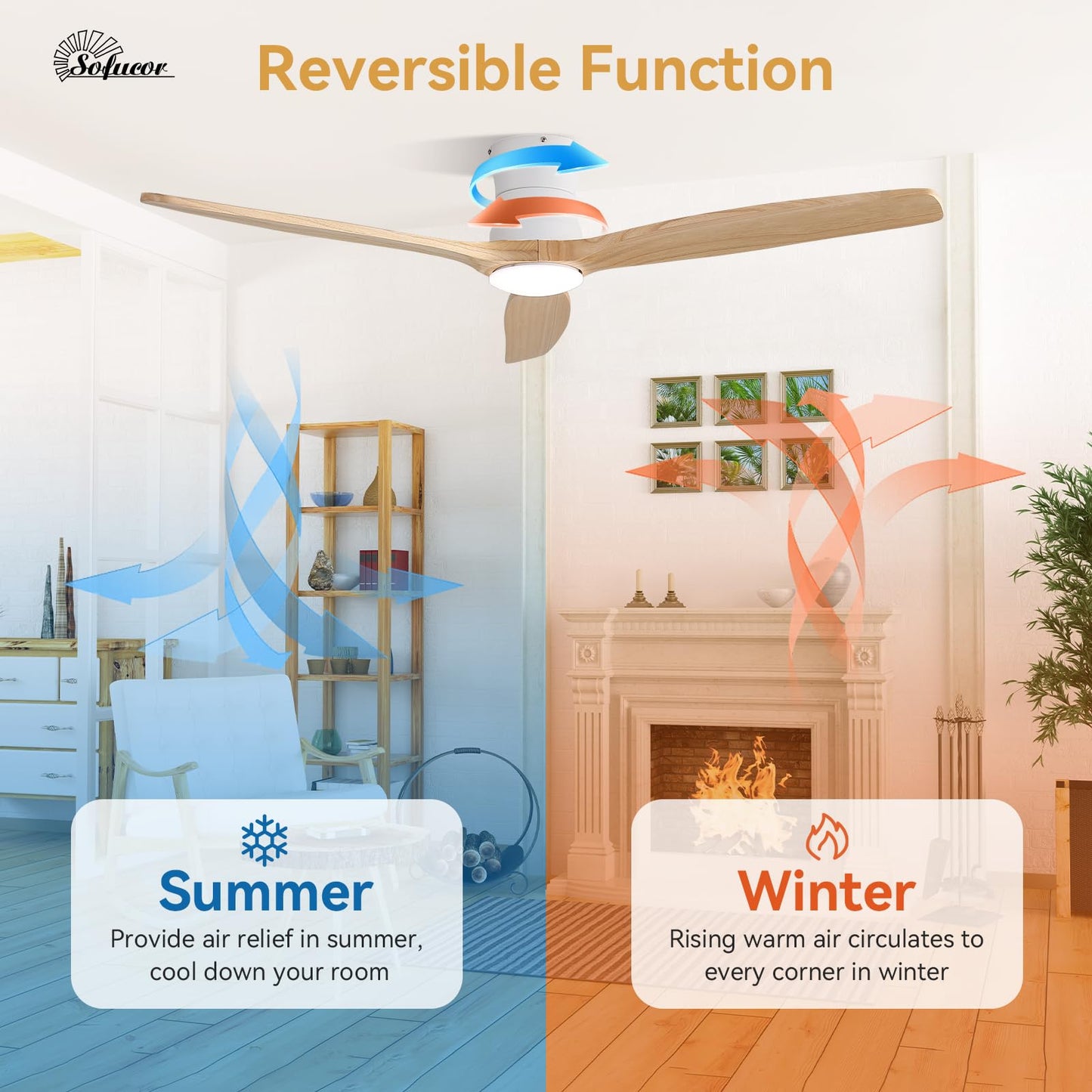 Sofucor 52" Smart Ceiling Fan, Solid Wood Ceiling Fan with Lights and Remote, Flush Mount Ceiling Fan Works with Alexa/Google/App, Dimmable 6-Speed Timing Reversible DC Motor for Bedroom Living Room