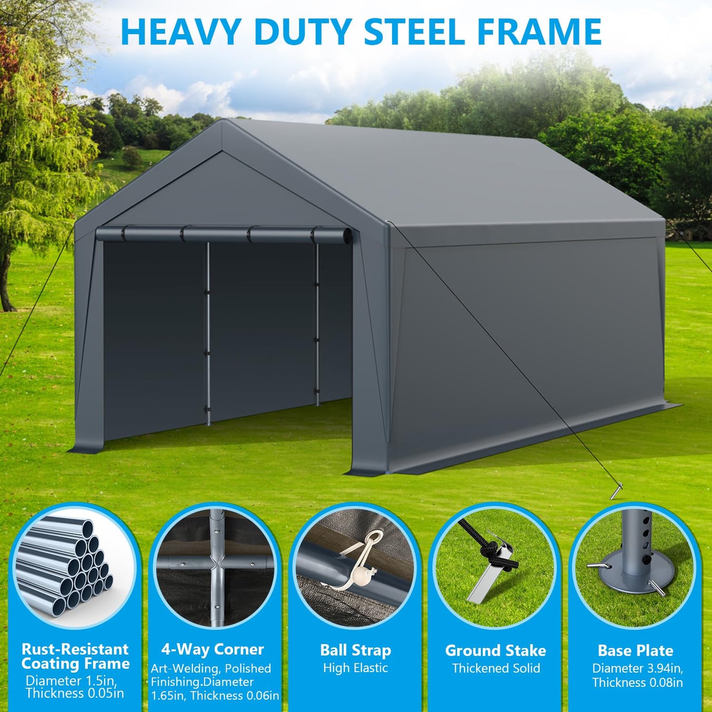 Raxmolo 12x20FT Heavy Duty Portable Carport - All-Weather Enclosed Shelter for Cars, Trucks, SUVs & Boats, Waterproof & UV-Resistant Canopy with Removable Sidewalls, Doors, Ground Stakes (Gray)