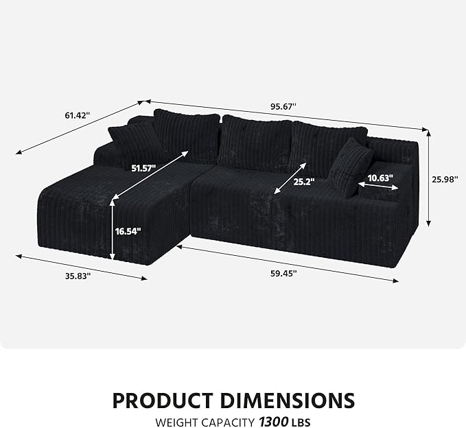 LAUSAINT HOME 96" Modular Sectional Sofa Couches, L-Shaped Boneless Cloud Sofa with 3 Deep Seat, 5 Cushiones Oversized Chaise for Living Room, Bedroom, Plush Corduroy Fabric (Left, Black)