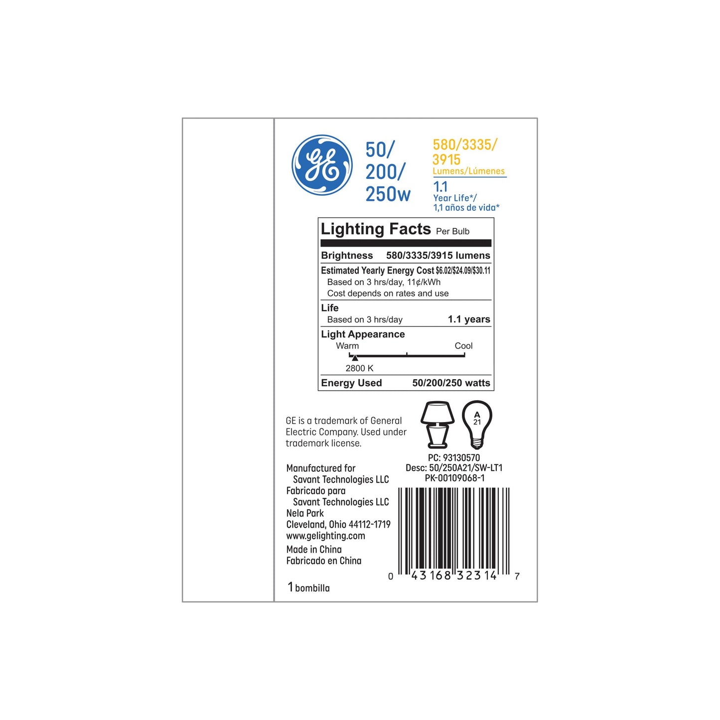 GE Incandescent 250 Watt Soft White A21 3-Way Bulb 1 Pack