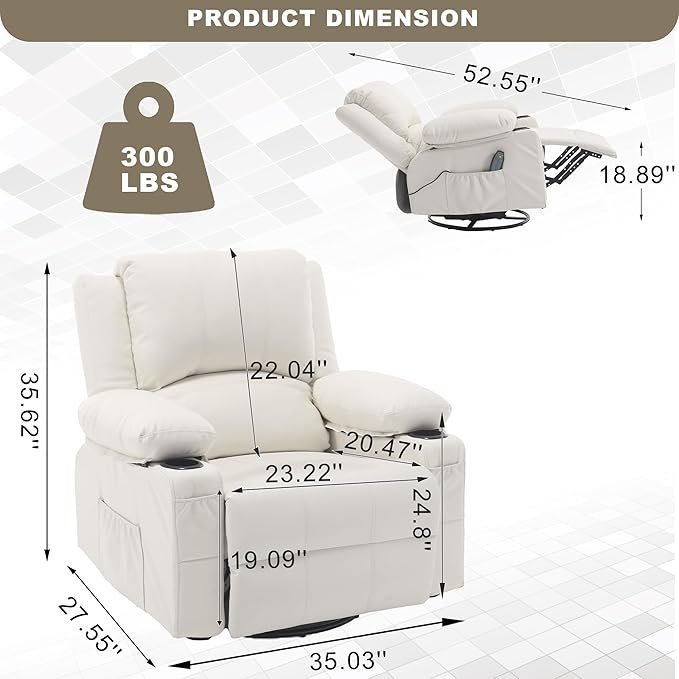 Massage Swivel Rocker Recliner with Lumbar Heat, Overstuffed PU Leather Recliners for Living Room, Modern Single Rocking Chair for Adults, Manual Rocker Recliner with Cup Holders for Bedroom, White
