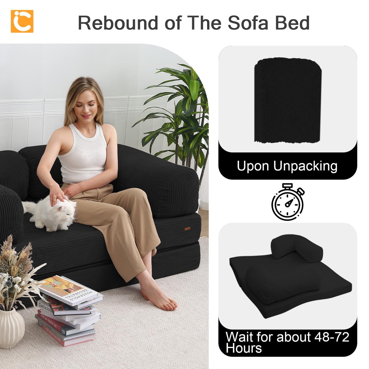 COMAX Folding Sofa Bed Queen, 4-in-1 Foldable Floor Couch Convertible Futon Sofa with Armrests Sleeper Mattress Chair Bed Comfy Portable Fold Out Lounge Guest for Living Room Bedroom, Black