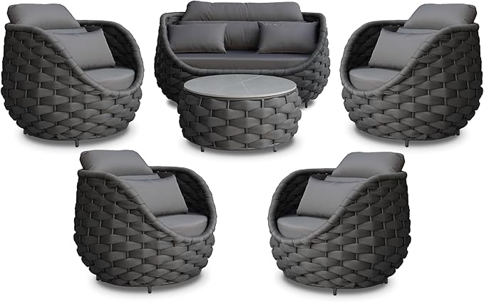 Erotr Cushioned Outdoor Patio Furniture Set: 6 Pieces Aluminum Porch Conversation Sofa Set - Modern Hand Woven Rope Deck Couch Set - Assembled All Weather for 661lbs Garden Yard Pool Hotel, Dark Gray