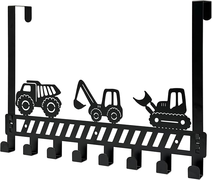 Construction Vehicle Over The Door Hooks - 8 Hook Organizer for Toddler Boys' Rooms, Bathroom & Nursery Decor, Toddler Bedroom & Nursery with Truck Design, Wall Mountable Heavy-Duty Metal Wall Hooks