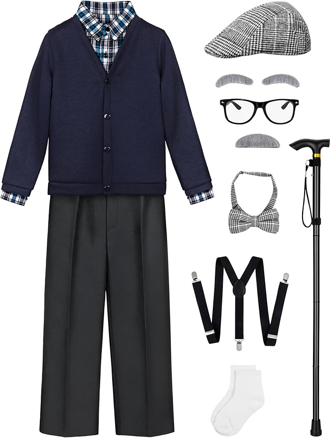 Gnodio 100 Days of School Costume for Boys Old Man Costume for Kids 100th Day of School Grandpa Dress up Outfit Accessories