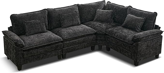 URRED Cloud Couch Modular Sectional Sofa, 116" Modern L Shaped Deep Seat Sofa with Pillows, Ultra Comfy Chenille Corner Couches for Living Room, Bedroom or Apartment, Black