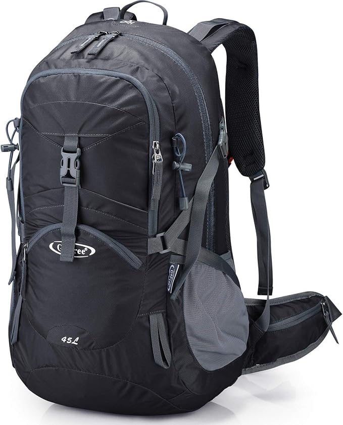 G4Free 45L Hiking Travel Backpack Waterproof with Rain Cover, Outdoor Camping Daypack for Men Women (Black)