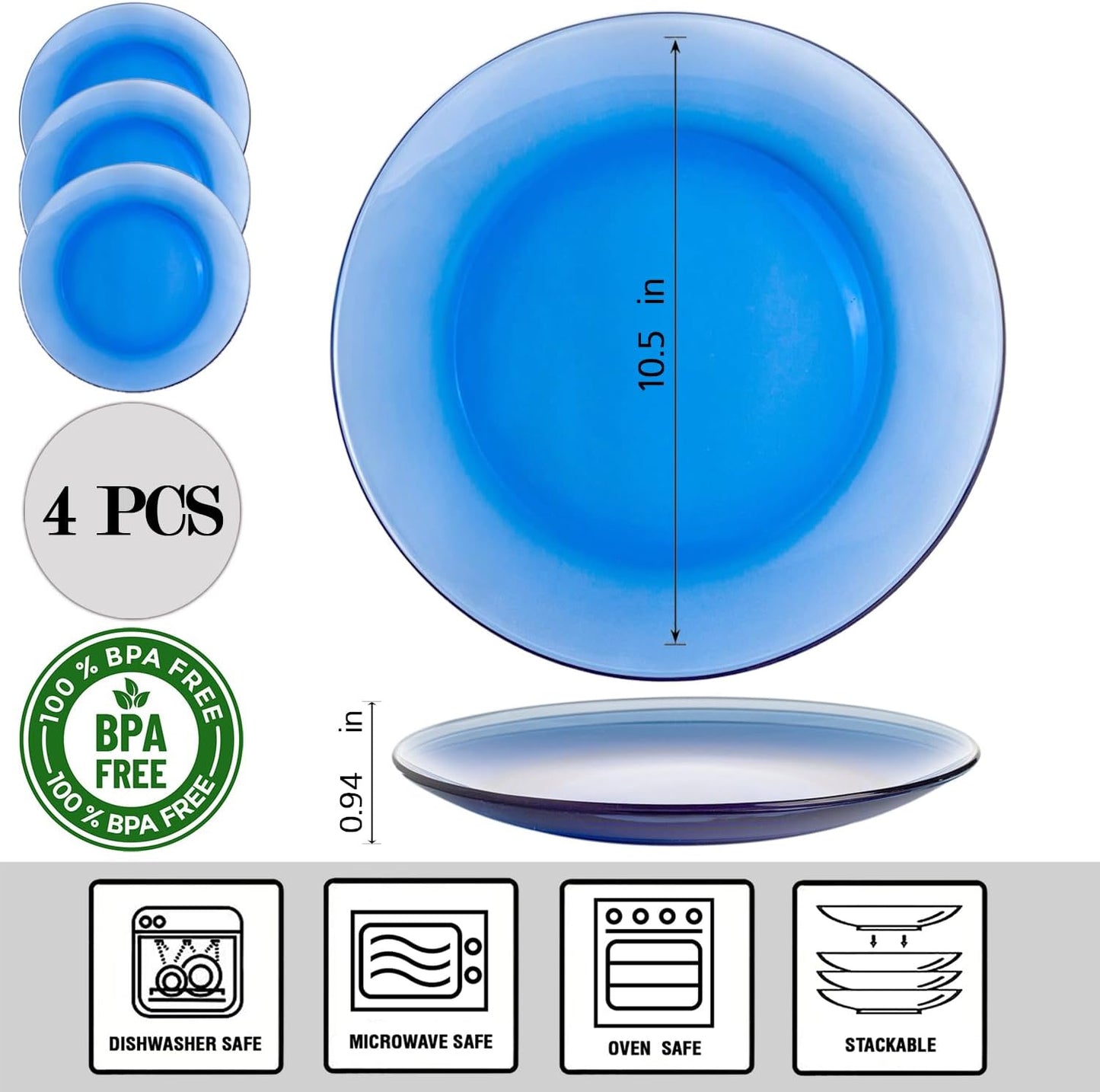 STP GOODS Glass Soup and Salad Bowl with Handles, Cobalt Transparent Glass Eating Plates, Circular Dinnerware for Salad, Bread, Dinner (Blue Set 4)