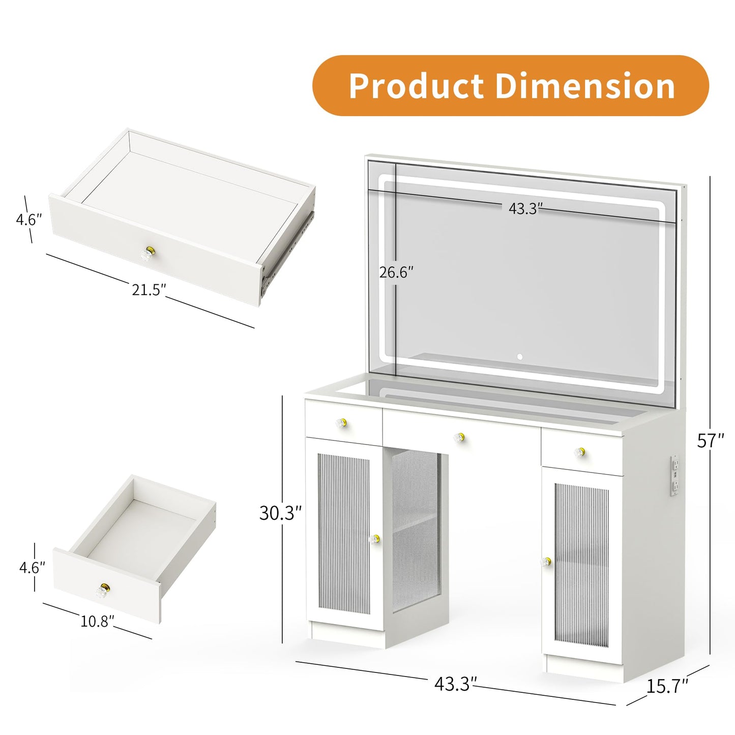 Pamapic Makeup Vanity with Crystal Knobs, Glass Top Vanity Desk with Mirror and Lights, Power Outlet, Drawers and Cabinet, 3 Lighting Color Adjustable Dressing Table, Upgraded Silent Slides, White