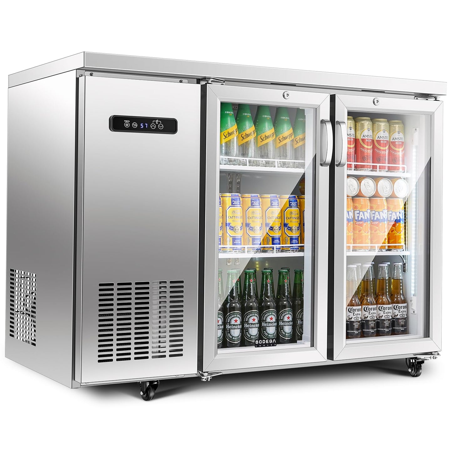 BODEGACOOLER Commercial Cooler with 2 Glass Doors, 12 Cu.Ft Stainless Steel Counter Height Back Bar Refrigerator, Beverage Display Fridge for Soda, LED Lighting, SUS304