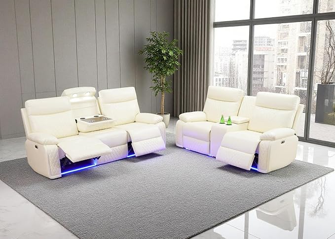Toseslo 2 Piece Leather Sofa Sets,Power Recliner Sofa and Loveseat Set with LED Light,Living Room Furniture, Reclining Sofa with Cup Holders/Storage Console for House, Vanilla White