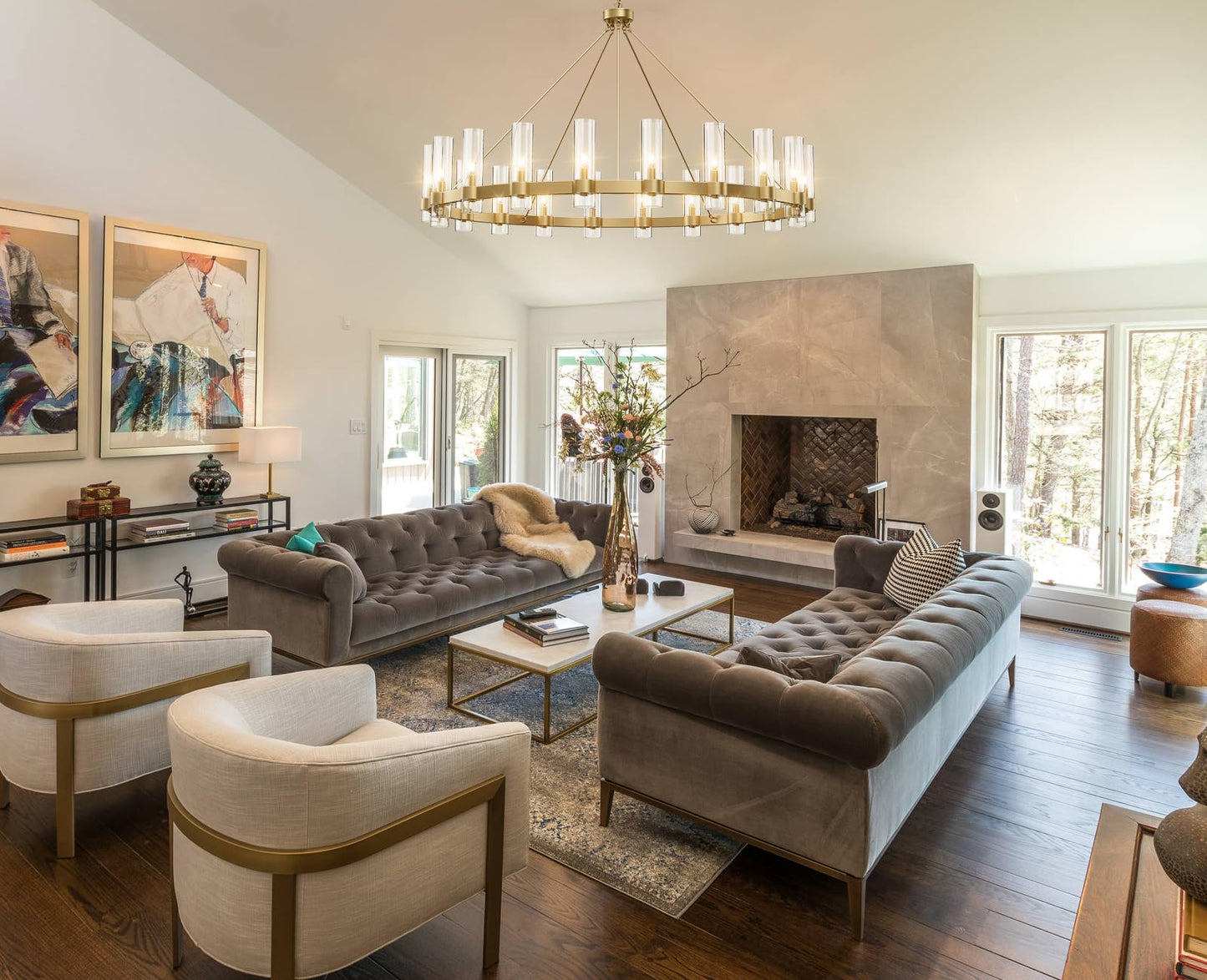 YIOSI 60 Inch Gold Chandelier, Wagon Wheel Chandelier with Glass Shade, 20-Lights Large Round Modern Farmhouse High Ceiling Pendant Lighting Fixture for Dining Room, Living Room, Kitchen, Foyer