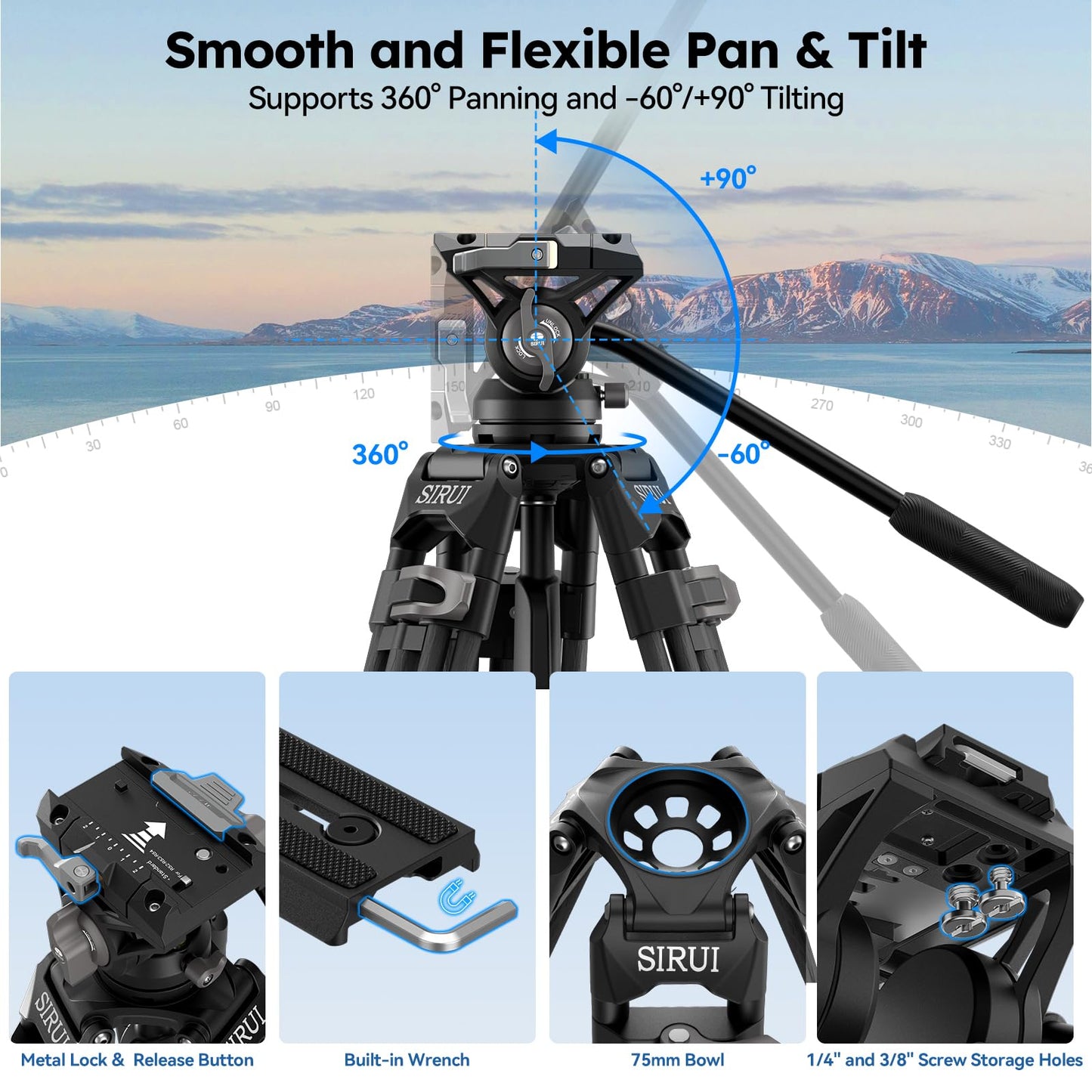 SIRUI Quick Release Carbon Fiber Video Tripod, 73" Heavy Duty Tripod with Fluid Head and One-Step QR Plate Locking System, Professional for DSLR Cameras Camcorders, Max Load 33lbs / 15kg, AVT-12