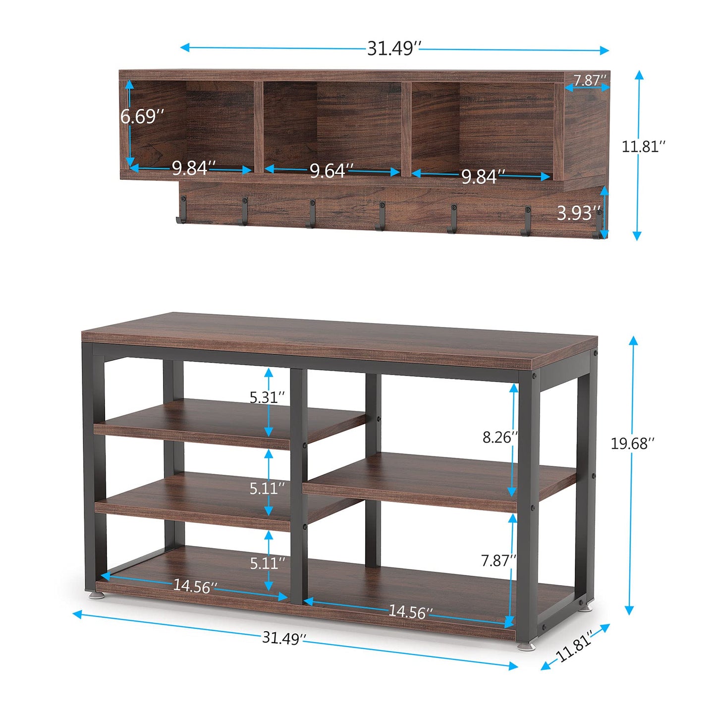 Tribesigns Industrial [Shoe] [Rack] [Bench] with Coat [Rack] Set with Hall Tree, 3 Storage Cubbies, 7 Hooks for Entryway, Hallway, 5-in-1Design, Rustic Brown