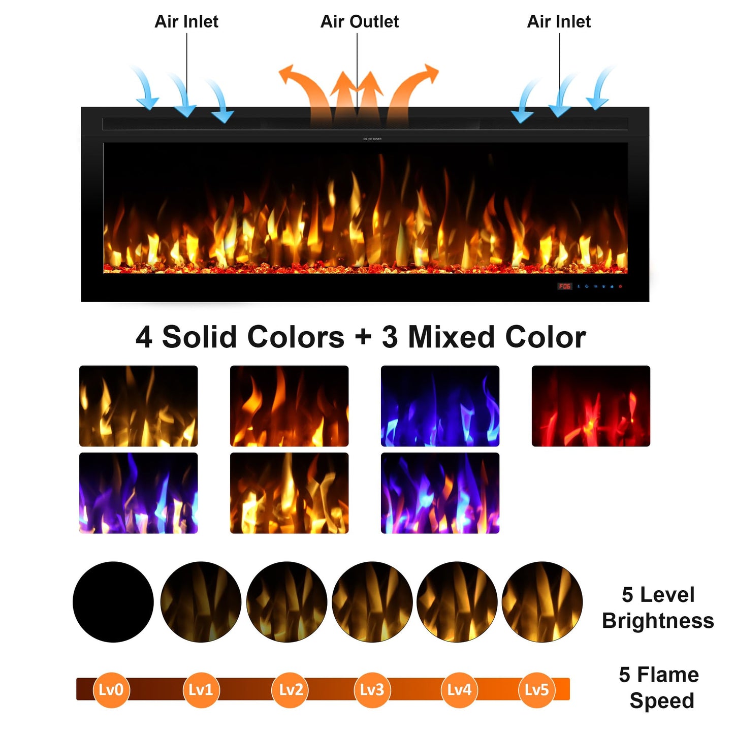 Kentsky 54" Electric Fireplace, Wall Mounted & Insert Electric Fireplace, W/Mixed Color Flame, Adjustable Brightness & Speed, 0-8H Timer, Thermostat, 750w/1500w, Balck