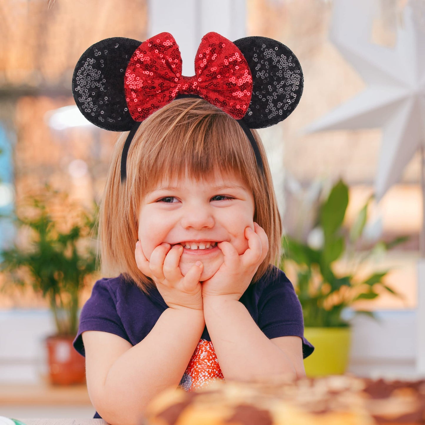 zhezesmila Mouse Ears Headband with Pink Flower Bow Scrunchies Rapunzel Princess Ears Headband Party Costume Hair Accessories He