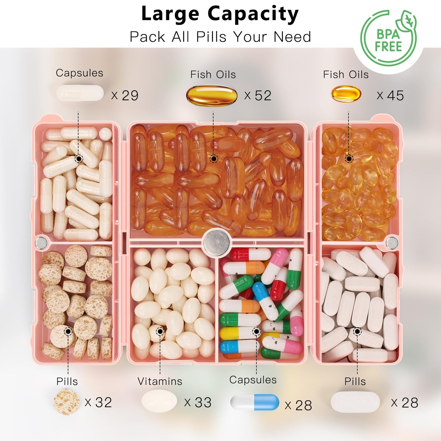 FYY Daily Pill Organizer,2 Pcs 7 Compartments Portable Pill Case Travel Pill Organizer,[Folding Design] Pill Box for Purse Pocket to Hold Vitamins,Cod Liver Oil,Supplements and Medication-Pink+Navy