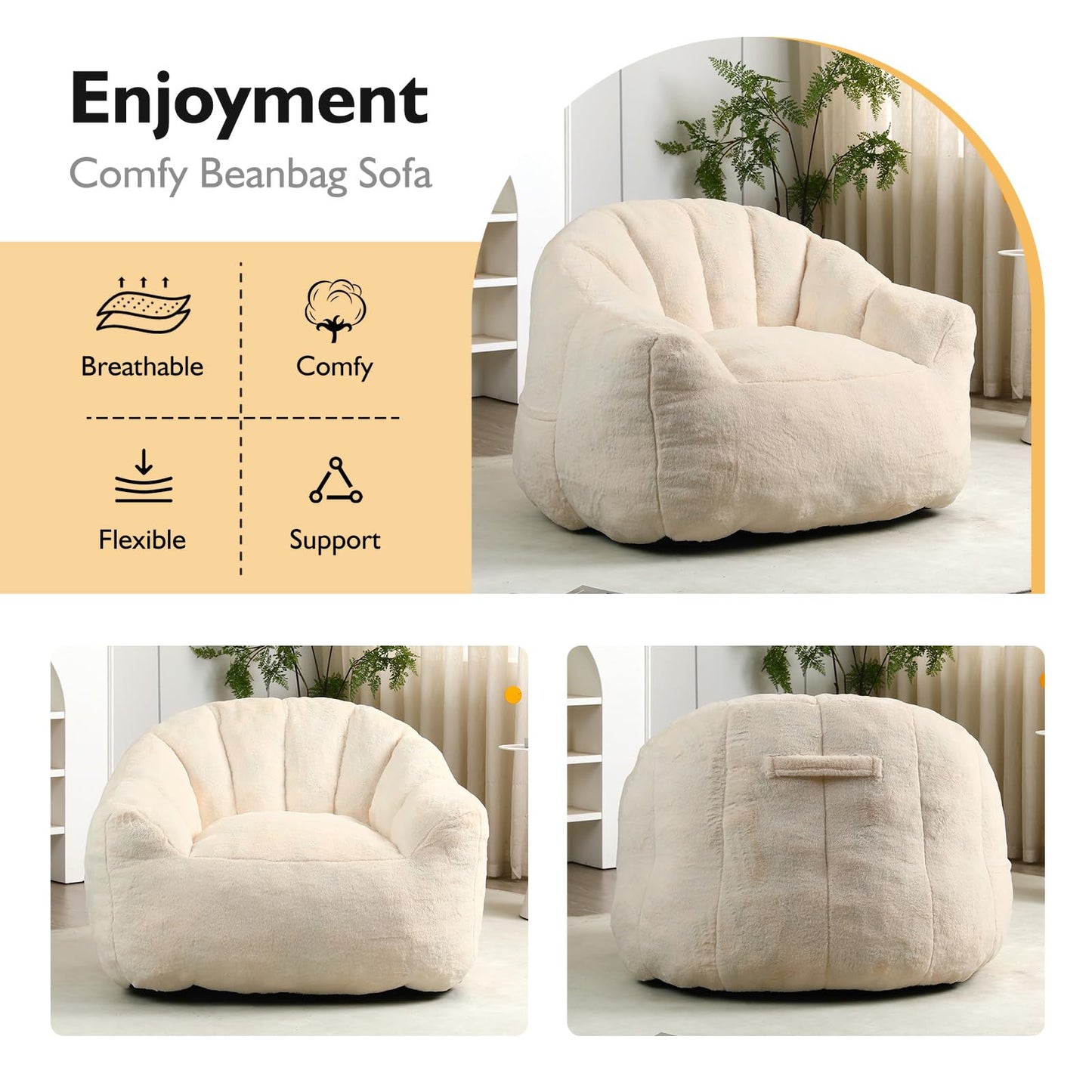 COCONINO WJ Bean Bag Chair, Bean Bag Chairs with Filler, Stuffed Beanbag Chair for Adult and Kid, Big Beanbag Chairs with Filling for Living Room (Faux Fur in Ivory, 35" D×41.4" W×30.7" H)