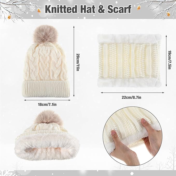 SATINIOR 5 Pcs Winter Hat Scarf Gloves Set Fleece Warm Lined Knit Beanie Hat Touch Screen Earmuff Gloves Warmer for Women(White,Vivid Style)