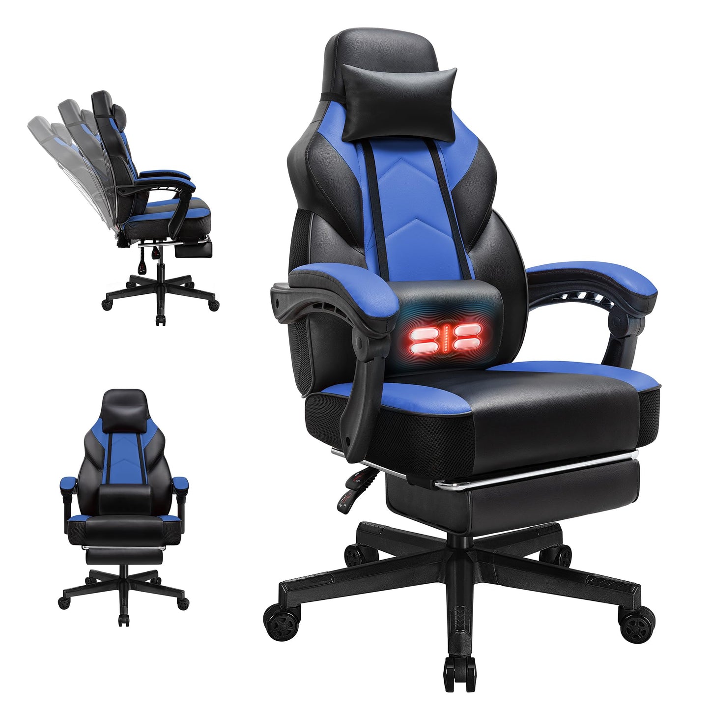 DL-win Gaming Chairs for Adults, Computer Chair with Footrest and Ergonomic High Back, Big and Tall Gamer Chairs with Massage Lumbar Support, 360° Swivel Height Adjustable Gaming Chair, Blue