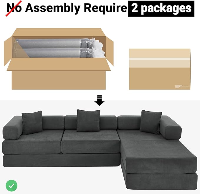 108" Oversized Convertible Sleeper Sofa Bed, Corduroy L Shape Sectional Couch, Folding Sofa Bed with Fixed-Shape Frame, Modern Cloud Floor Mattress Couch, Modular Sofa for Living Room, Grey