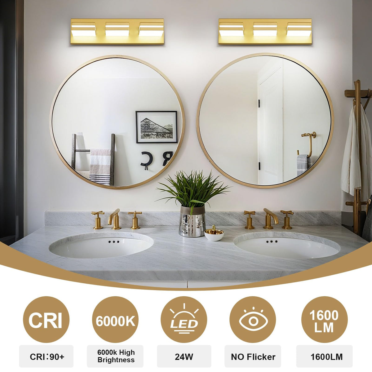 JZEKVN Modern LED Bathroom Lights Fixtures(3-Light),Metal Gold Acrylic Wall Lighting,Vanity Lights for Bathroom Over Mirror(6000k 16In