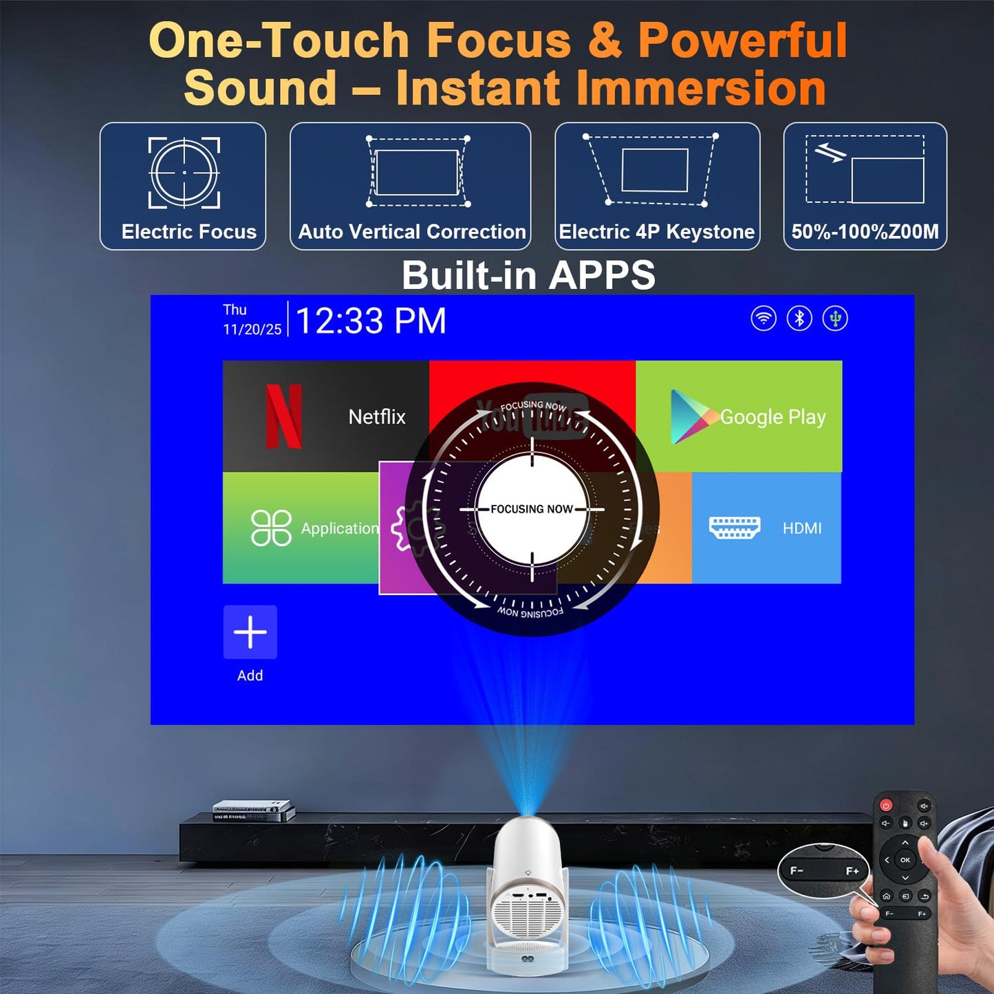 [Built-in Apps] 2-in-1 Portable Projector & LED Night Light, Smart Projector with WiFi and Bluetooth, Supports 4K/1080P, Electric Focus/Enhanced Speaker, Home Movie Projector for Bedroom