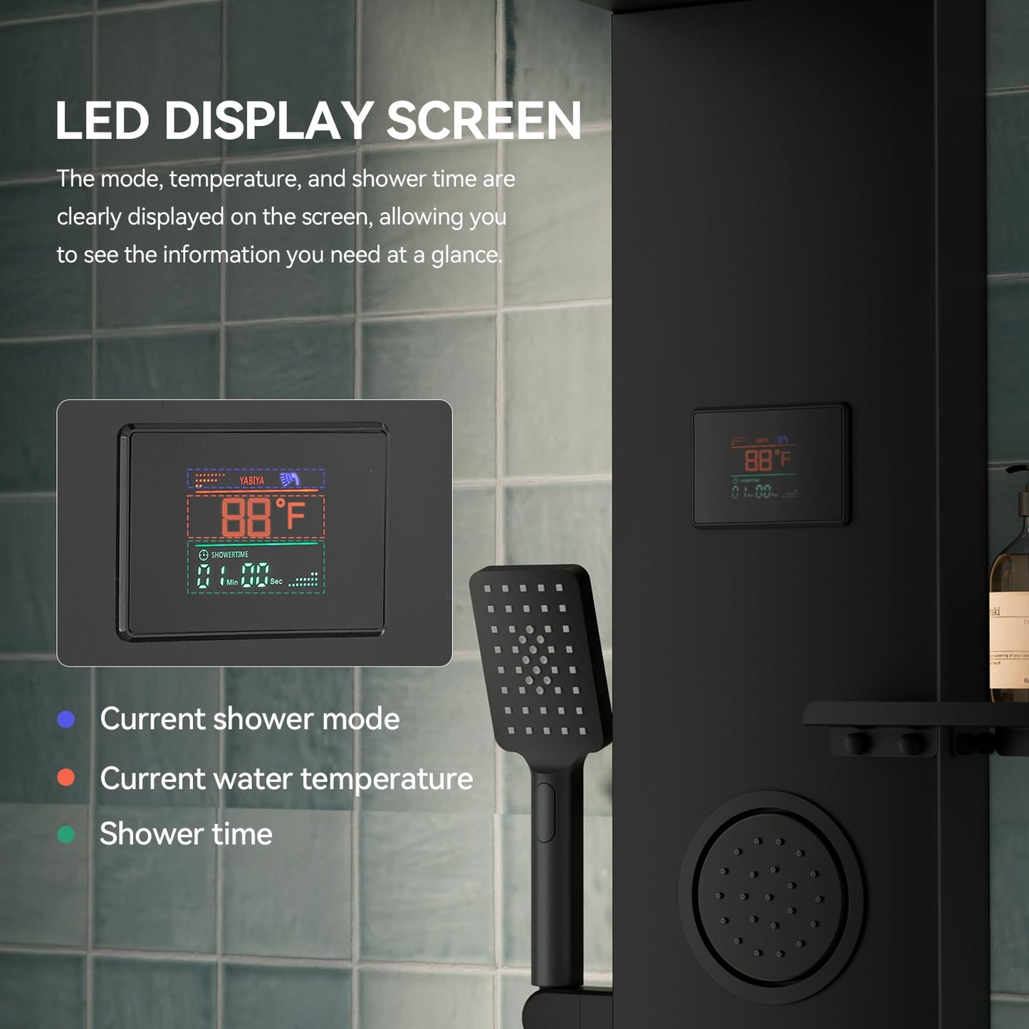 BATHLAVISH 5 in 1 Black Shower Panel Tower System With Storage Shelf, 304 Stainless Steel Shower Tower with Rainfall Shower Handheld and Tub Spout, Powerful Body Jets, Wall-Mounted Shower Set
