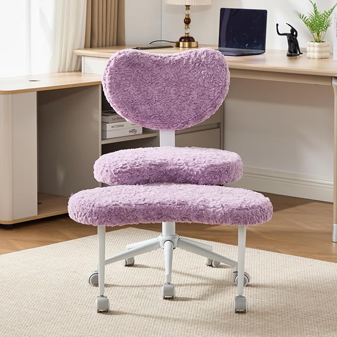 Cross Legged Office Chair with Wheels–360°Swivel Meditation Chair, Adjustable Height Yoga Office Chair for Adults, Ergonomic Kneeling Chair with Back Support for ADHD, Faux Fur, Violet