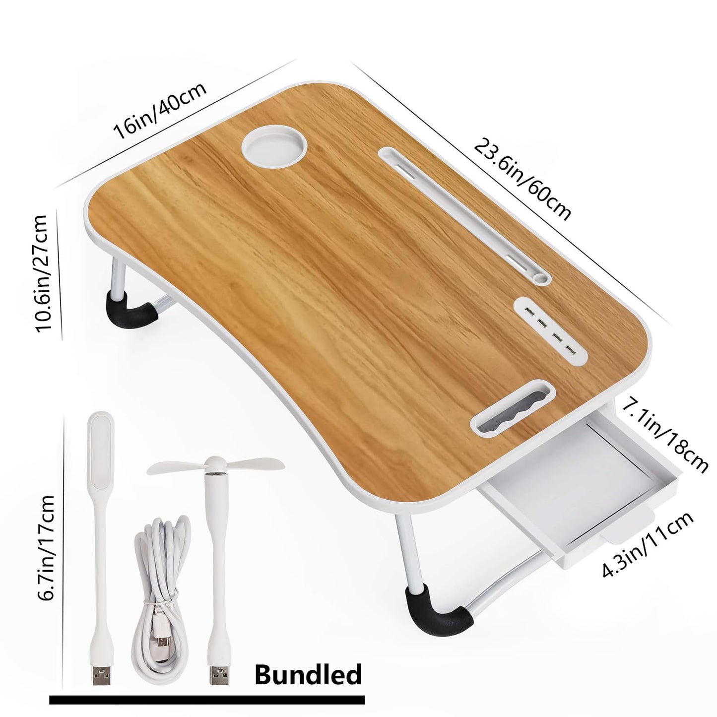 INNOVATIVE LIFE Foldable Laptop Table, Portable Lap Desk Bed Table Tray, Laptop Stand with Cup Holder & Tablet Slot & Lifting Handle for Working Writing Drawing & Eating, Wood