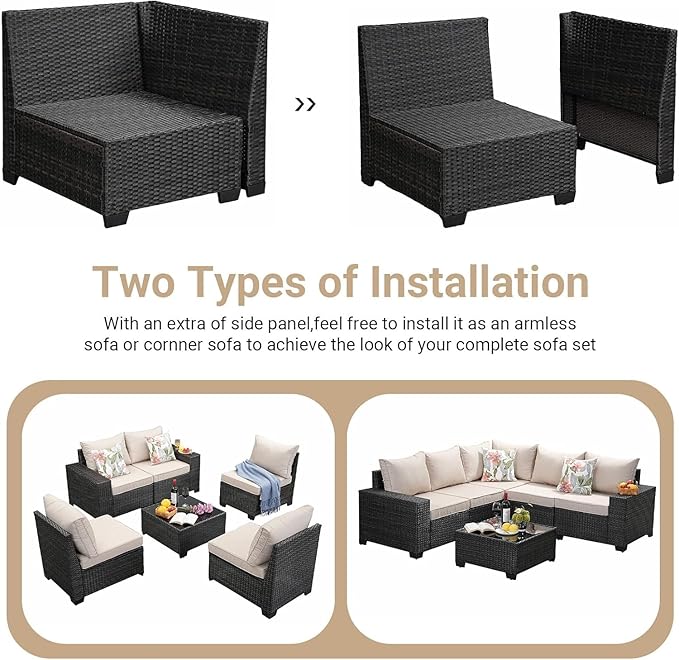 SunloungeCo Patio Furniture Set, 8 Pieces Outdoor Couch Sofa with Wider Armrests & Glass Coffee Table, Outdoor Sectional Furniture with Thick Cushions for Party, Poolside,Garden-Beige