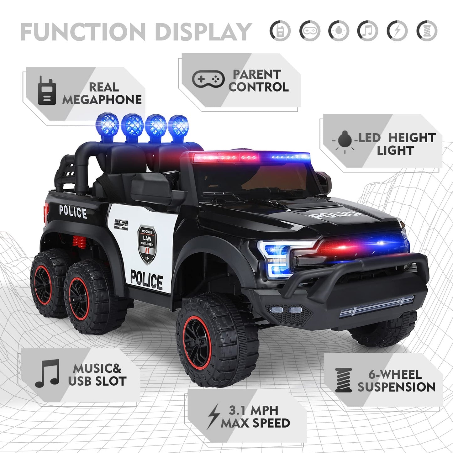 JOYLDIAS 12V7AH Kids Police Ride On Car with 2.4G Remote Control, 6-Wheel Spring Suspension, LED Lights & Siren, Kids Electric Car w/Storage, 3 Speeds, 77lbs Capacity, Gift for Ages 3-8