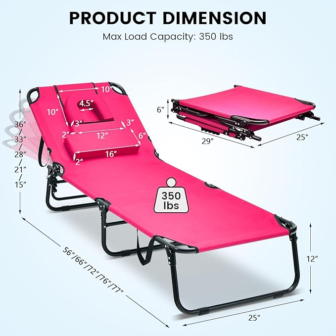 GYMAX Tanning Chair, 350lbs Beach Lounge Chair with Face Hole, Washable Pillow & Carry Strap, Adjustable Folding Chaise Lounge, Layout Lounger for Outside, Patio, Poolside, Lawn (2, Pink)