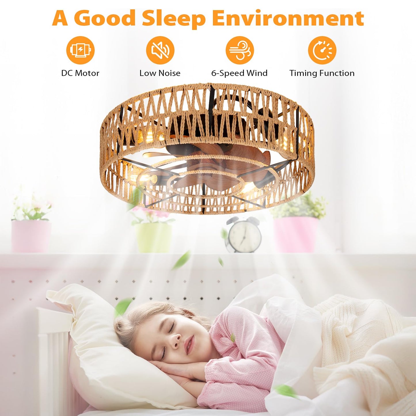 Vookea 2-In-1 Low Profile Ceiling Fan With Light, 20    Caged Boho Safety Design For Kids - 3000K, Smart App/Remote Control, Qui