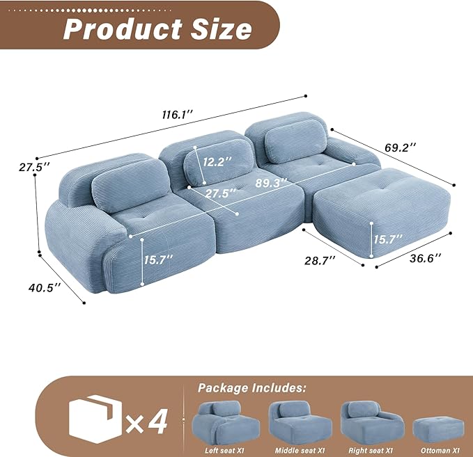 SoarFlash 117" Modern L-Shaped Modular Sectional Sofa for Living Room, Corduroy Upholstery Oversized 3-Seater Couch with Deep Seat and Movable Ottoman-No Assembly, Blue