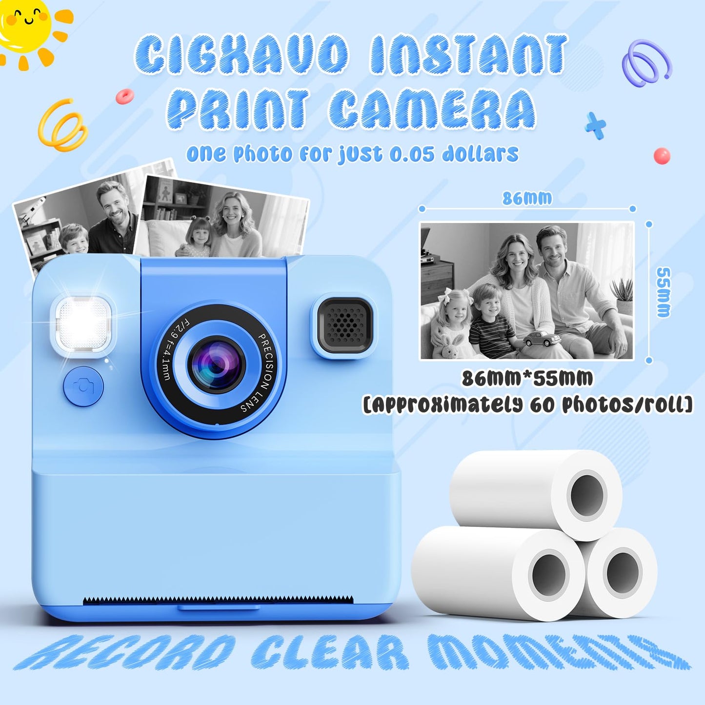 Kids Camera Instant Print Toys for Teenage Girls:2.4-Inch Children's Instant Cameras,Gift for Girls Ages 3-16 (for Christmas Or Birthday),1080P Hd Digital Video Cameras with 3 Rolls Paper & 32G-Blue