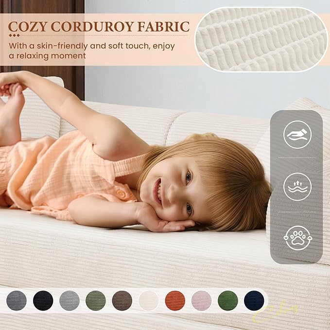77" Convertible Sofa Bed, Modular Folding Futon Corduroy Floor Foam Compressed Loveseat Sleeper Sofa Couch, Pull Out Queen Size Couch Bed with 2 Pillows for Living Room Guest Room Studio, Beige