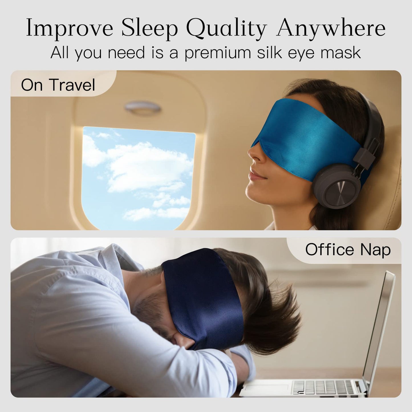 iCooBreeze 100% Natural Silk Eye Mask for Women Men, Soft Pressureless Cooling Blackout Eye Covers for Sleeping, Large Size Sleep Mask fits All Heads Adjustable, 1PC, Navy Blue