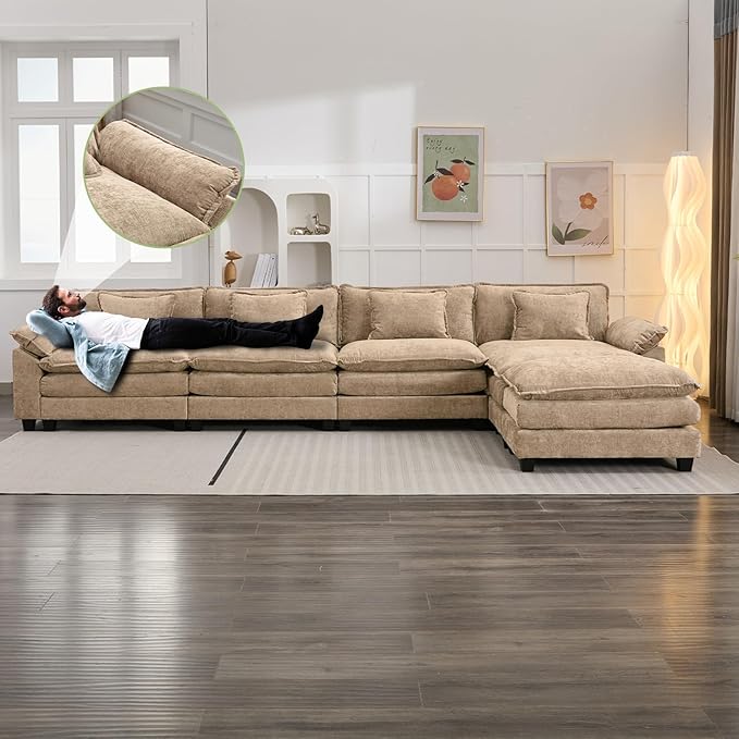 Oprisen 154" Modular Sectional Sofa, Comfy Cloud Couch Sectional Sofa with Ottoman, Chenille Sofa Sleeper Deep Seat Sofa with Throw Pillows for Living Room (Khaki, 154"- U Shape)