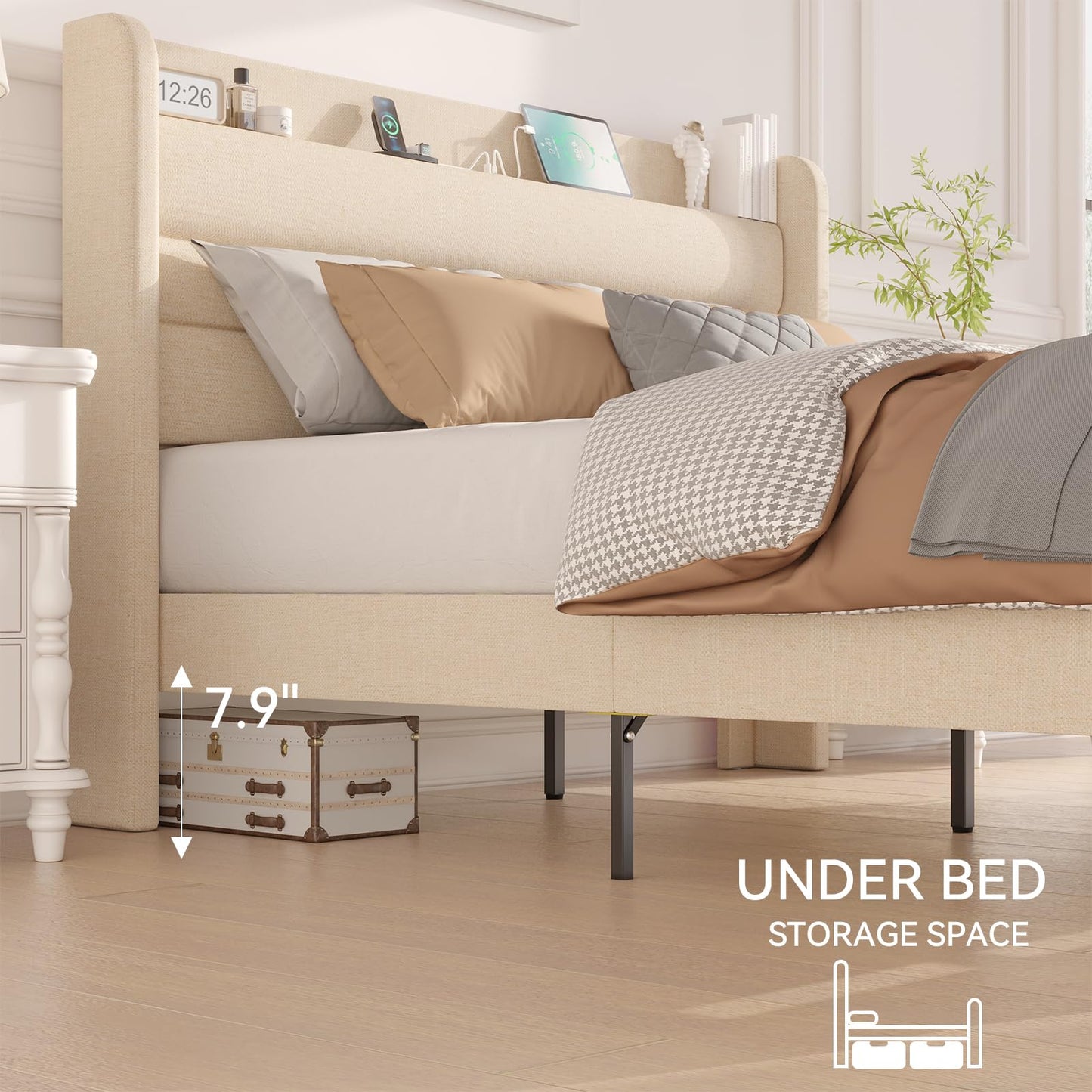 Flolinda Queen Bed Frame with Type-C & USB Ports Upholstered Platform Bed Frame with Wingback Shelf Beige