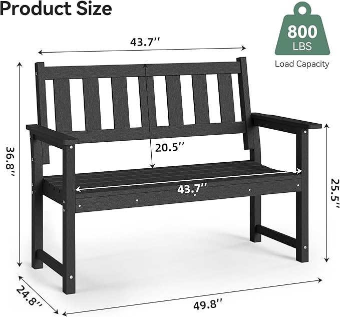 ACUEL HDPE Outdoor Bench – 50'' Weatherproof Durable Garden Bench, 2-Person Park Bench, Multi-Purpose Design Ideal for Porch, Patio, Church, and School (Black)