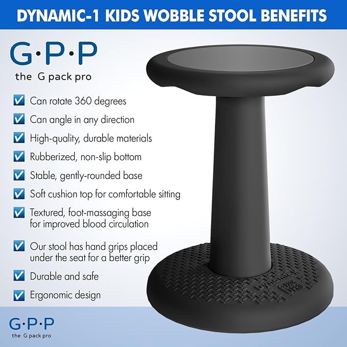 Gpack-pro Kids Wobble Stool 2-Pack – Improves Focus Attention – Non-Slip Base - Wiggle Chair Active Flexible Seating for Preschool Kindergarten Elementary School 17.7-Inch High (Black)
