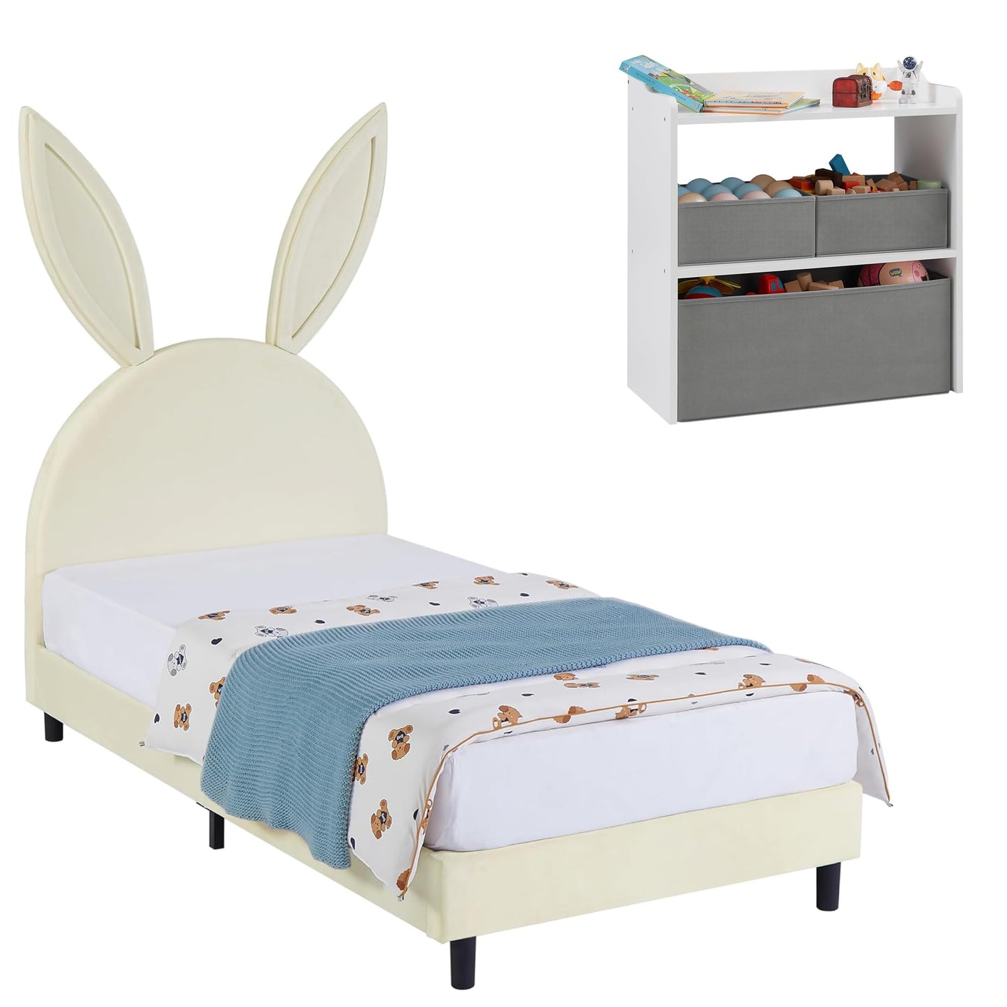 VECELO Twin Size Bed Frame, Heavy-Duty Platform with Rabbit Shaped Headboard for Girls Kids Room, Easy Assembly, Beige