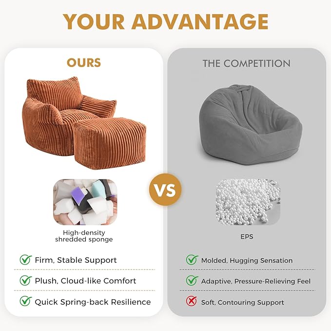 JULY'S SONG Bean Bag Chair with Ottoman for Adults, Fluffy Orange Lazy Couch Sofa Chair with Armrests for Living Room, Bedroom & Dorm