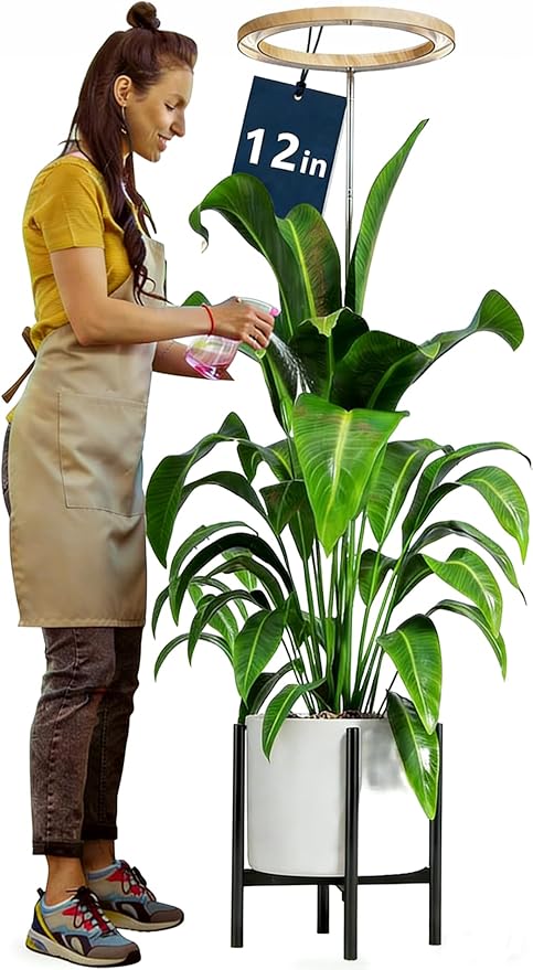 12" Grow Lights for Large Indoor Plants, Full Spectrum Tall Plant Grow Lights Indoor,Height Adjustable 15"-65",Timer Auto On/Off 3/9/12H,9 Brightness,Led Halo Grow Light for House Plants, Wood Grain
